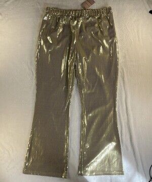 NWT Serra Gold Sequin Pants Size L ALDI Find Holiday 70s Disco Party Flare Shiny